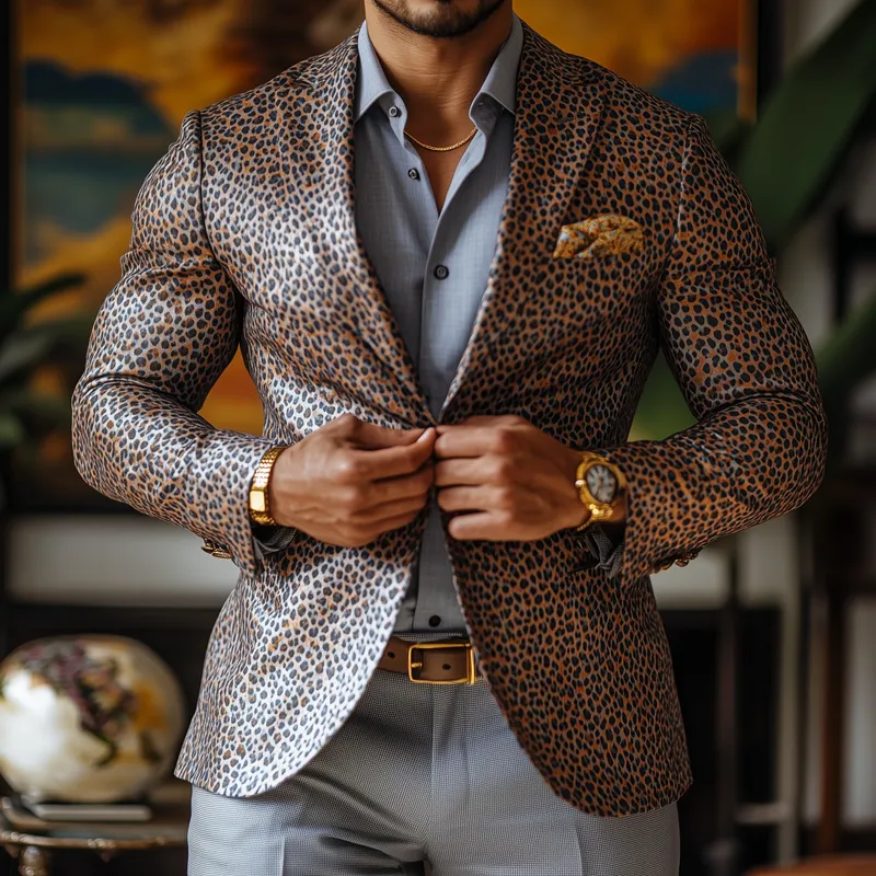 Men's Fashion Leopard Satin Peak Lapel Two Buttons Blazer 38892382Z sold by Manly product image thumbnail 2