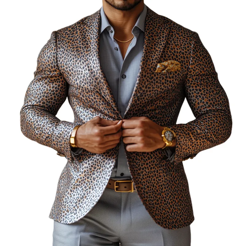 Men's Fashion Leopard Satin Peak Lapel Two Buttons Blazer 38892382Z sold by Manly