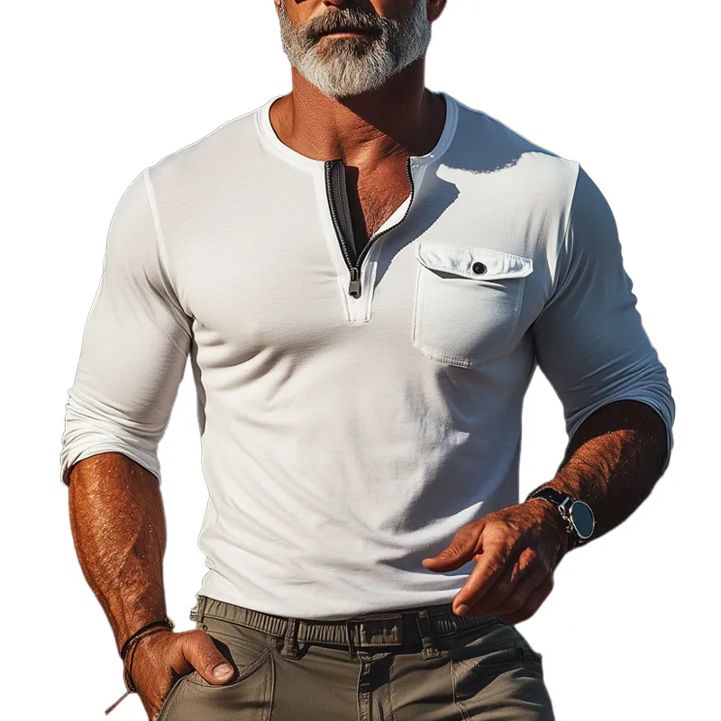 Men's Solid Zipper Round Neck Chest Pocket Long Sleeve Cargo T-shirt 85334556Z sold by Manly