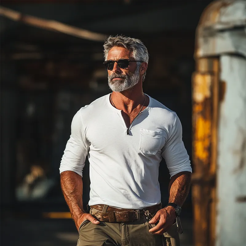 Men's Solid Zipper Round Neck Chest Pocket Long Sleeve Cargo T-shirt 79697633Z sold by Manly product image thumbnail 3