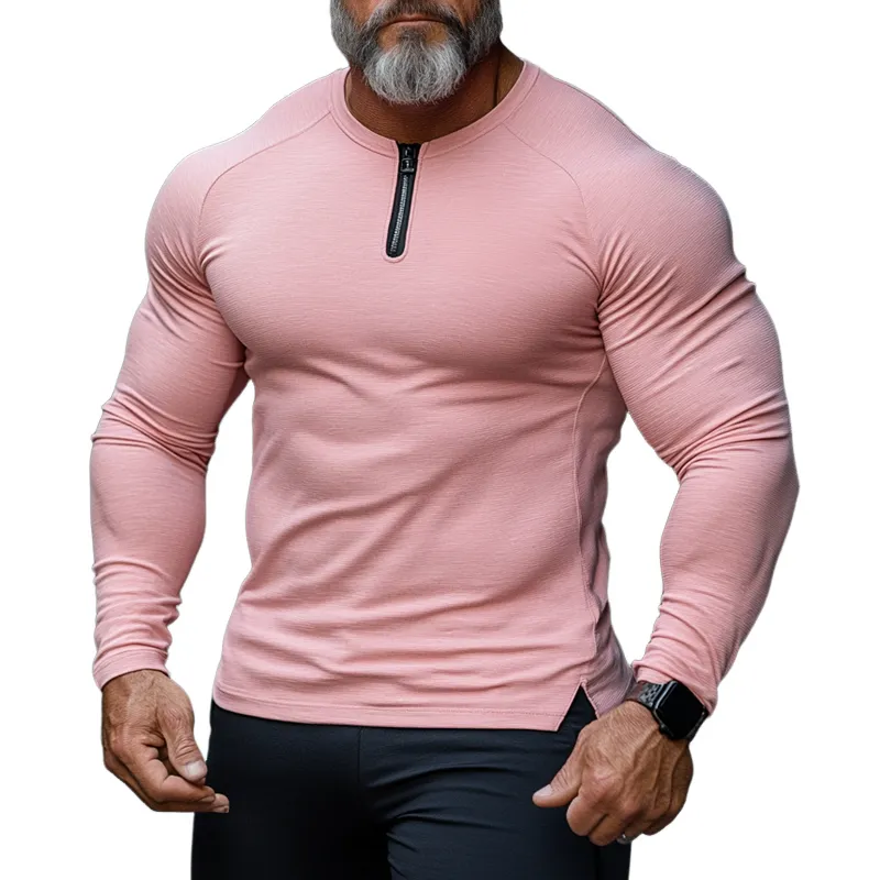 Men's Solid Zipper Round Neck Long Sleeve Sports T-shirt 65391333Z sold by Manly