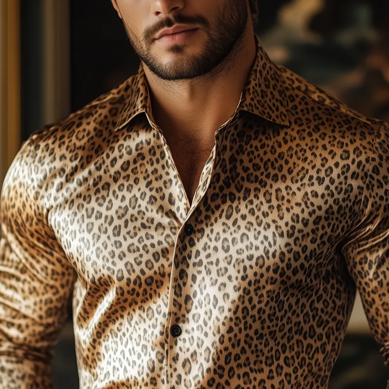 Men's Fashion Leopard Satin Lapel Single Breasted Long Sleeve Shirt 00538947Z sold by Manly product image thumbnail 3