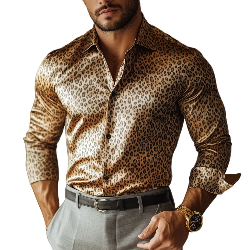 Men's Fashion Leopard Satin Lapel Single Breasted Long Sleeve Shirt 00538947Z sold by Manly