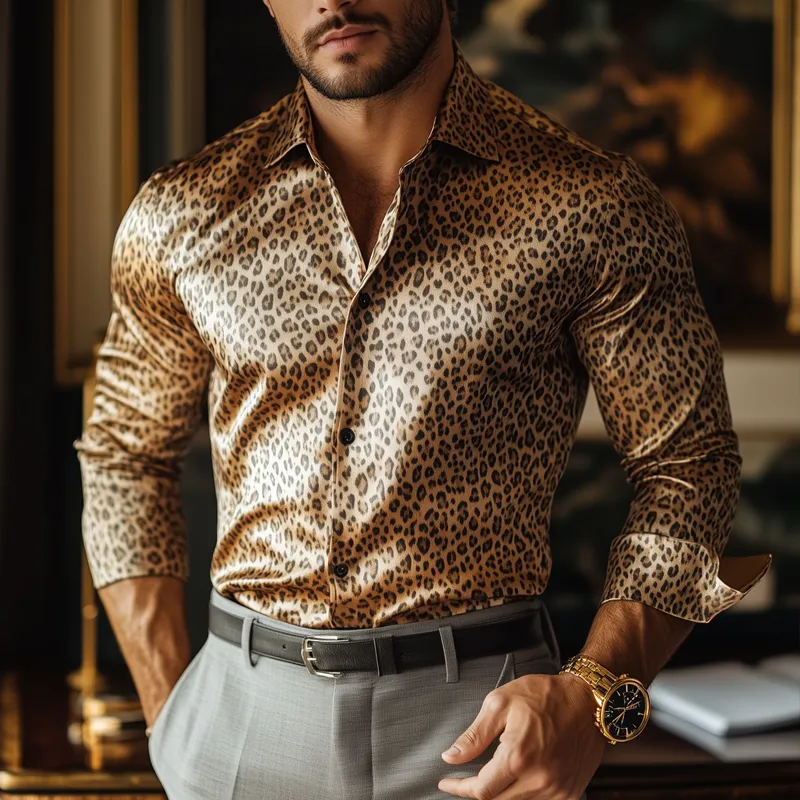 Men's Fashion Leopard Satin Lapel Single Breasted Long Sleeve Shirt 00538947Z sold by Manly product image thumbnail 2