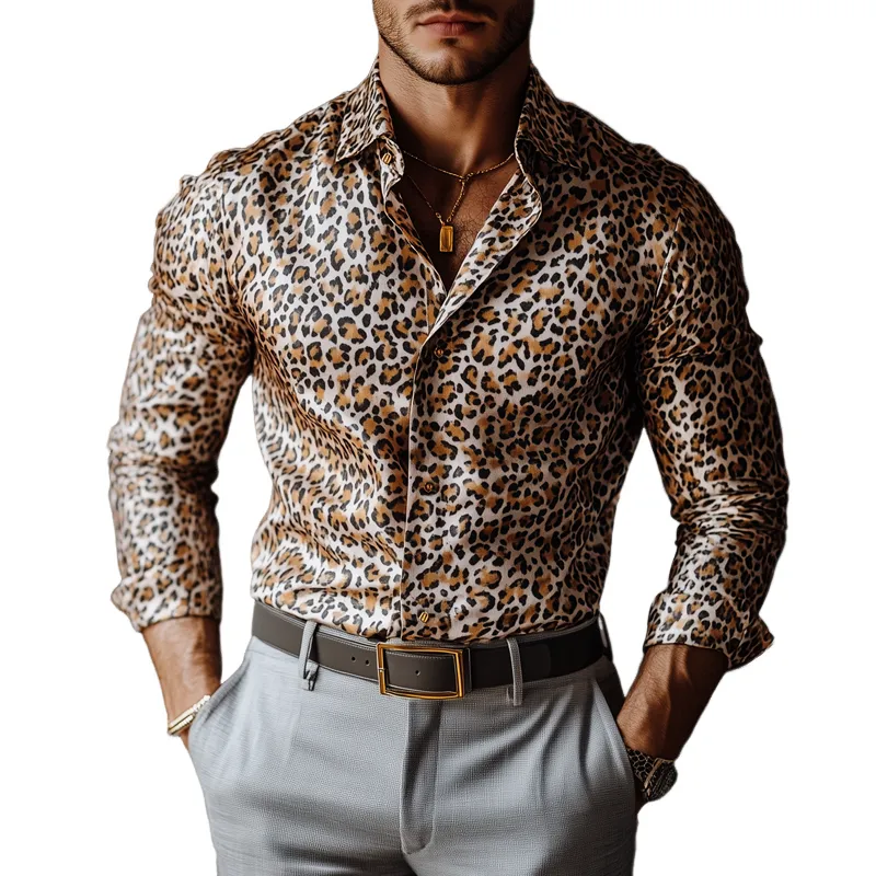 Men's Fashion Leopard Satin Lapel Single Breasted Long Sleeve Shirt 40110430Z sold by Manly