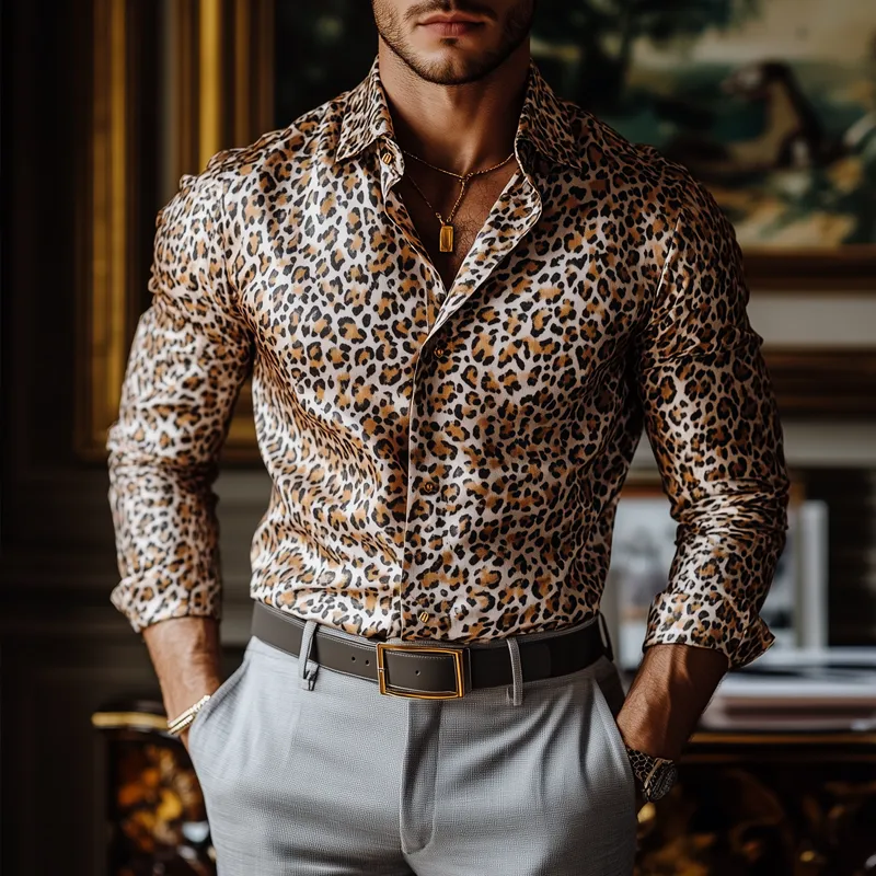 Men's Fashion Leopard Satin Lapel Single Breasted Long Sleeve Shirt 40110430Z sold by Manly product image thumbnail 2