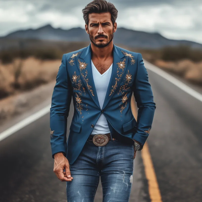 Men's Fashion American Retro Western Style Satin Embroidered Blazer 14388364K sold by Manly product image thumbnail 3
