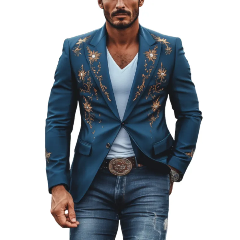 Men's Fashion American Retro Western Style Satin Embroidered Blazer 14388364K sold by Manly