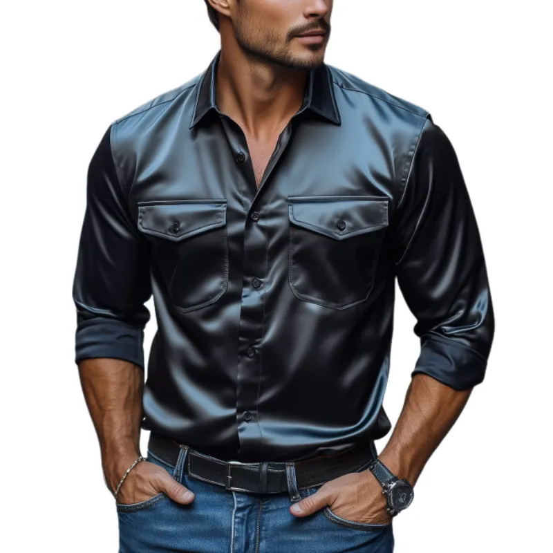 Men's Fashion Spring Summer Retro Casual Satin Long Sleeve Shirt 53682192K sold by Manly