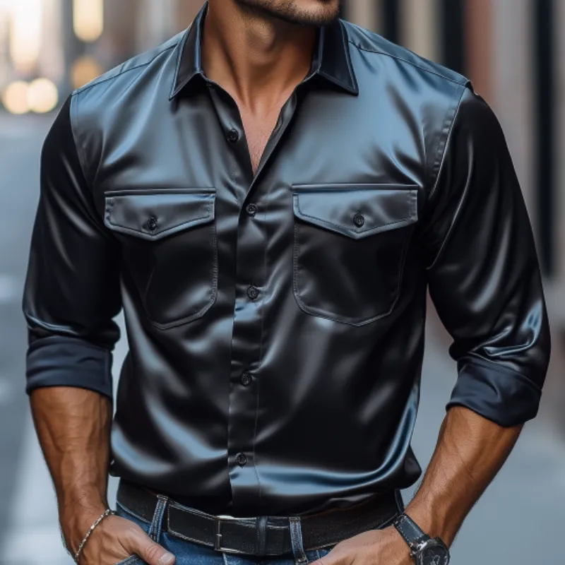 Men's Fashion Spring Summer Retro Casual Satin Long Sleeve Shirt 53682192K sold by Manly product image thumbnail 4