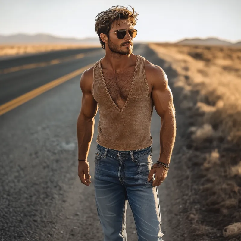 Men's Fashion Retro Western Cowboy Style Corduroy Deep V Neck Tank Top 74444676K sold by Manly product image thumbnail 3