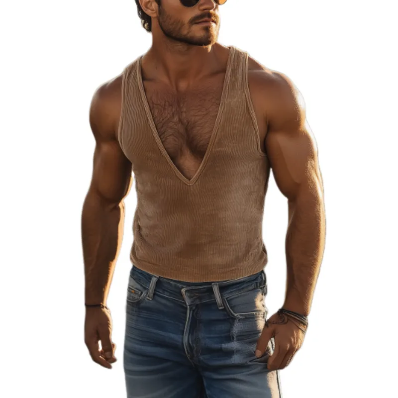 Men's Fashion Retro Western Cowboy Style Corduroy Deep V Neck Tank Top 74444676K sold by Manly