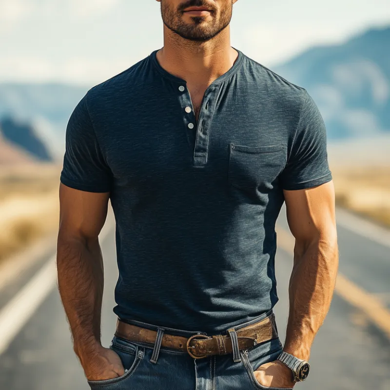 Men's Classic Casual Henley Collar Skin-friendly Cotton Short Sleeve T-Shirt 18769913K sold by Manly product image thumbnail 2