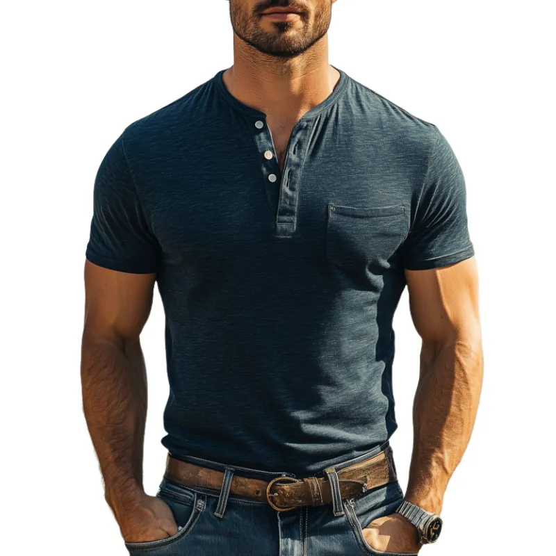 Men's Classic Casual Henley Collar Skin-friendly Cotton Short Sleeve T-Shirt 18769913K sold by Manly