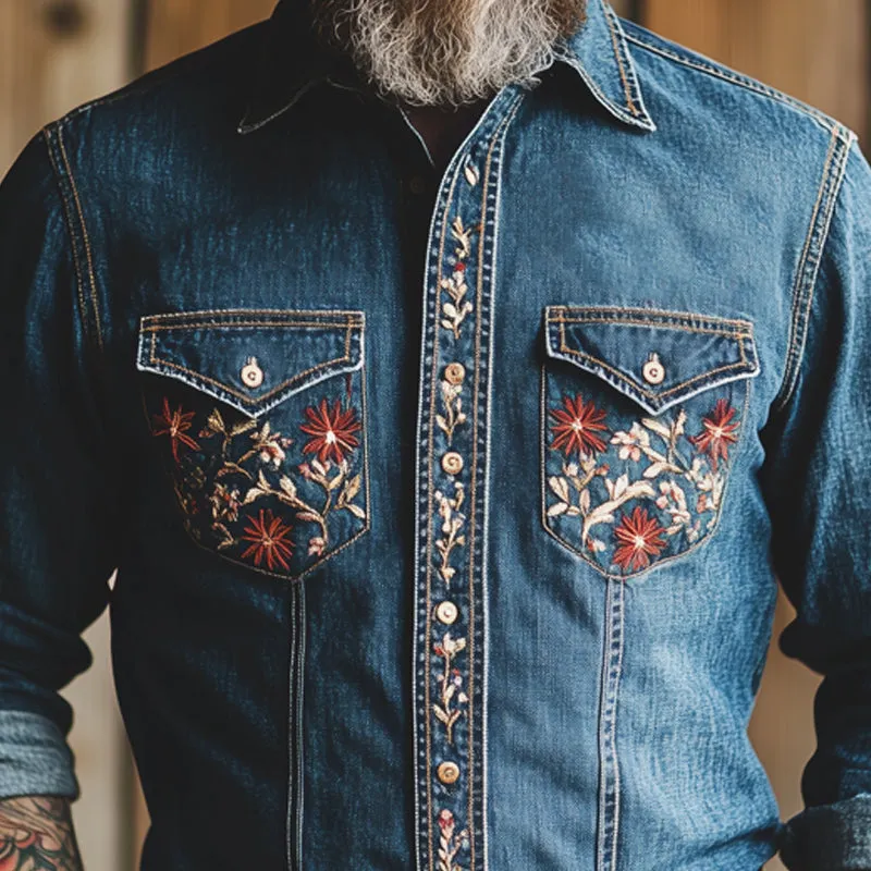 Men's Vintage Dark Blue Embroidered Washed Denim Shirt 55412521U sold by Manly product image thumbnail 3