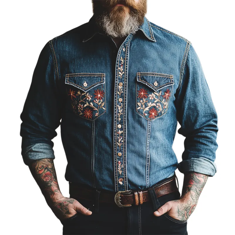 Men's Vintage Dark Blue Embroidered Washed Denim Shirt 55412521U sold by Manly