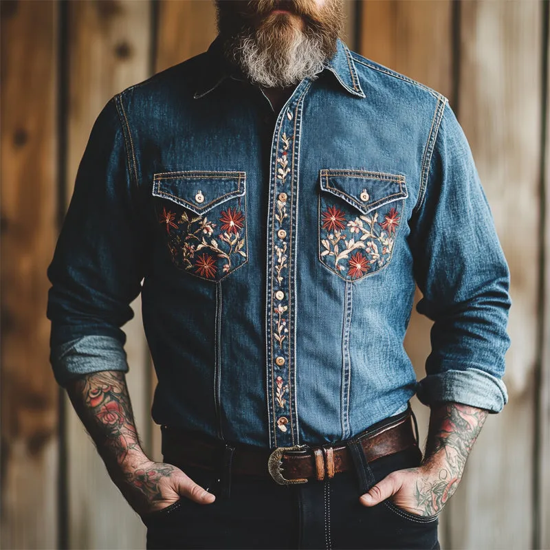 Men's Vintage Dark Blue Embroidered Washed Denim Shirt 55412521U sold by Manly product image thumbnail 2