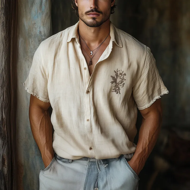 Men's Casual Skin-friendly Khaki Tencel Embroidered Short-sleeved Shirt 54465911U sold by Manly product image thumbnail 3