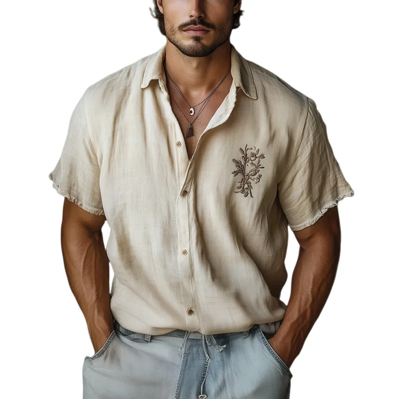 Men's Casual Skin-friendly Khaki Tencel Embroidered Short-sleeved Shirt 54465911U sold by Manly
