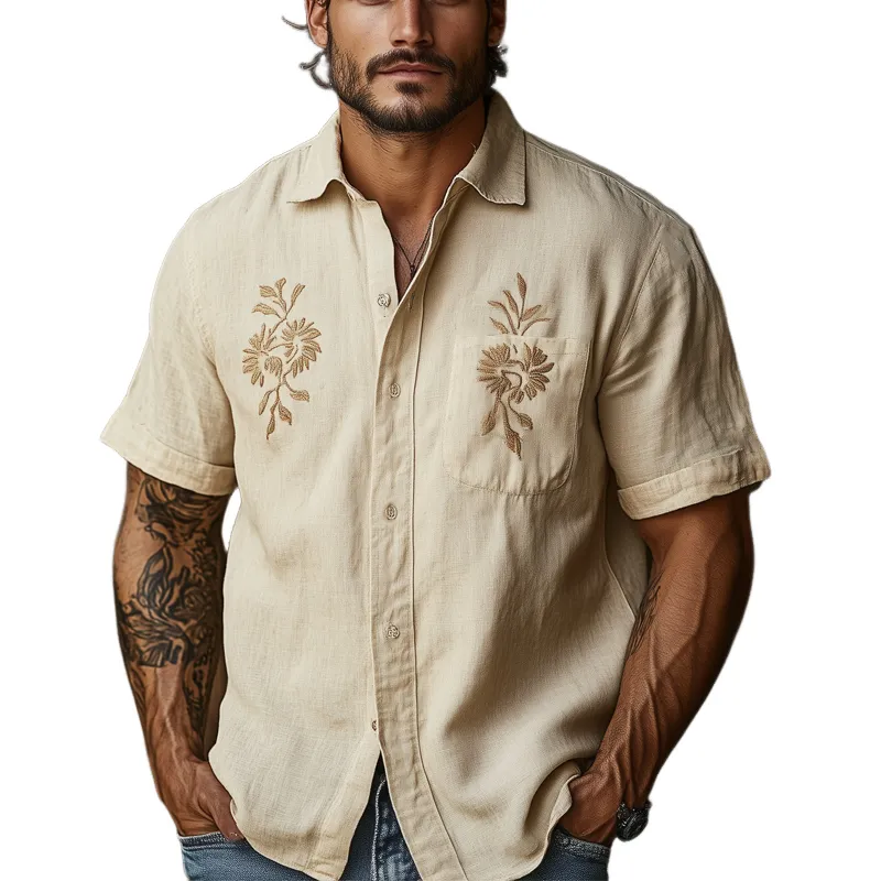 Men's Casual Khaki Tencel Vintage Embroidered Short-sleeved Shirt 42696162U sold by Manly