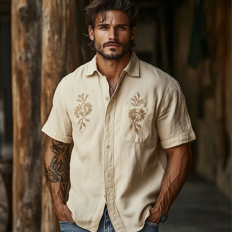 Men's Casual Khaki Tencel Vintage Embroidered Short-sleeved Shirt 42696162U sold by Manly product image thumbnail 2