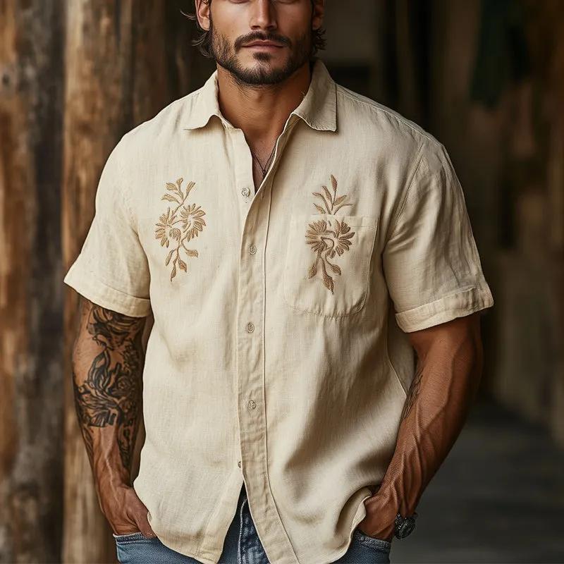 Men's Casual Khaki Tencel Vintage Embroidered Short-sleeved Shirt 42696162U sold by Manly product image thumbnail 3