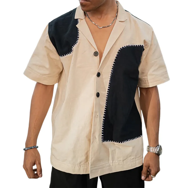 Men's Casual Loose Cotton Contrast Patchwork Short-sleeved Shirt 19757388U sold by Manly