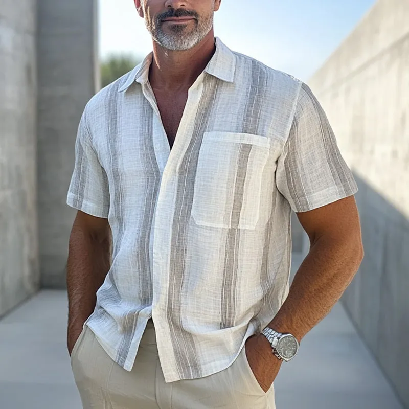 Men's Casual Vertical Striped Cotton and Linen Short-sleeved Shirt 79130598U sold by Manly product image thumbnail 3