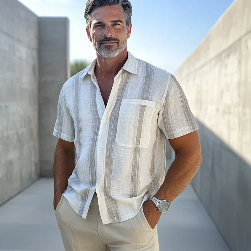 Men's Casual Vertical Striped Cotton and Linen Short-sleeved Shirt 79130598U sold by Manly product image thumbnail 2