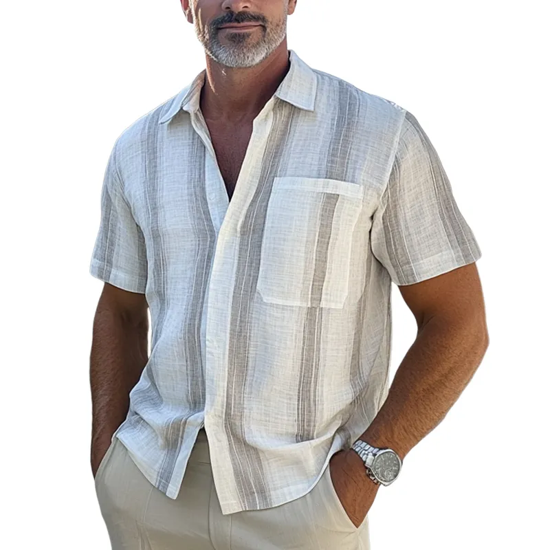 Men's Casual Vertical Striped Cotton and Linen Short-sleeved Shirt 79130598U sold by Manly