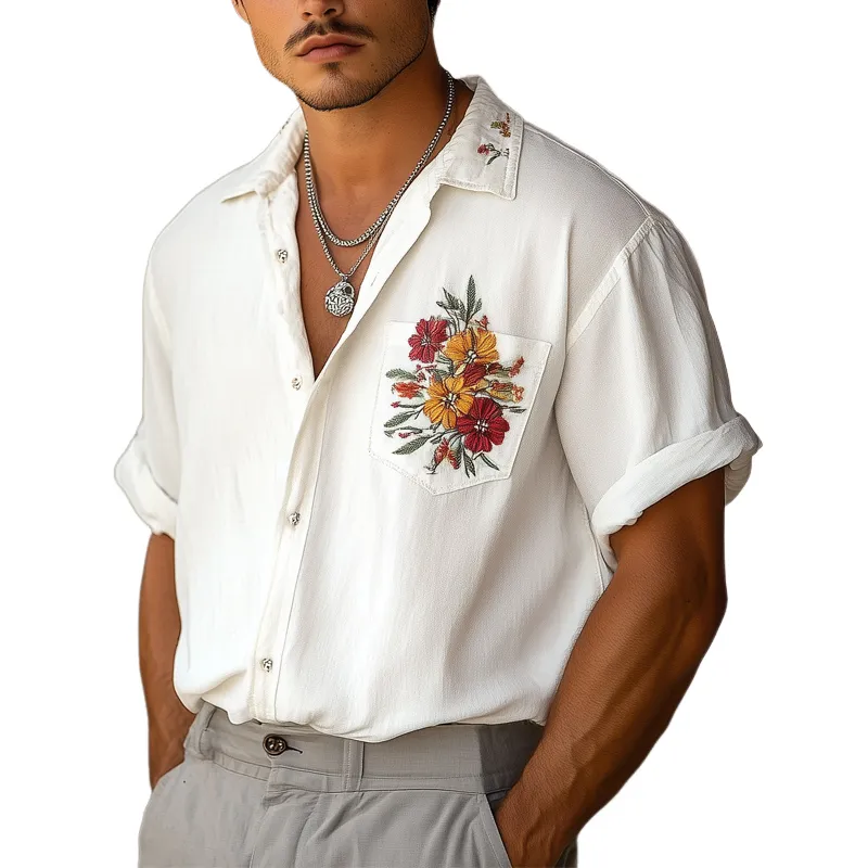 Men's Casual Chiffon Embroidered Short-sleeved Shirt 23772993U sold by Manly