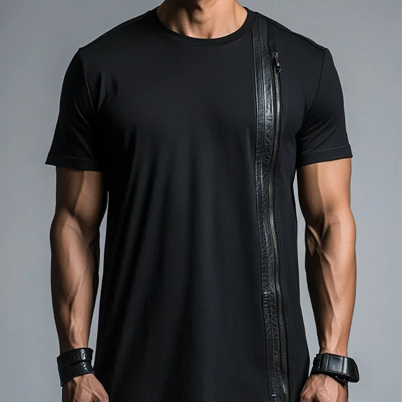 Men's Casual Cotton Leather Zip-up Short-sleeved T-shirt 86581822U sold by Manly product image thumbnail 2