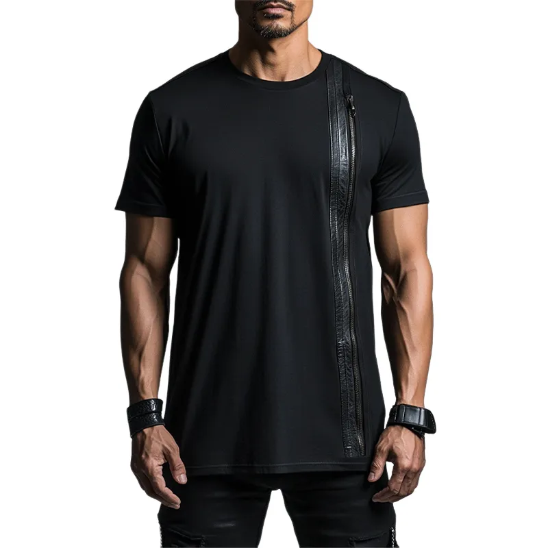 Men's Casual Cotton Leather Zip-up Short-sleeved T-shirt 86581822U sold by Manly product image thumbnail 3