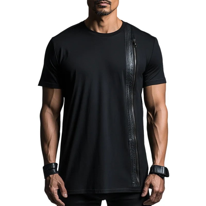 Men's Casual Cotton Leather Zip-up Short-sleeved T-shirt 86581822U sold by Manly