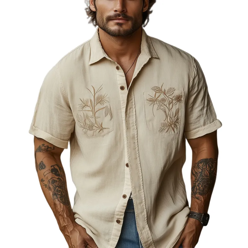 Men's Casual Khaki Tencel Vintage Embroidery Short Sleeve Shirt 44772086U sold by Manly
