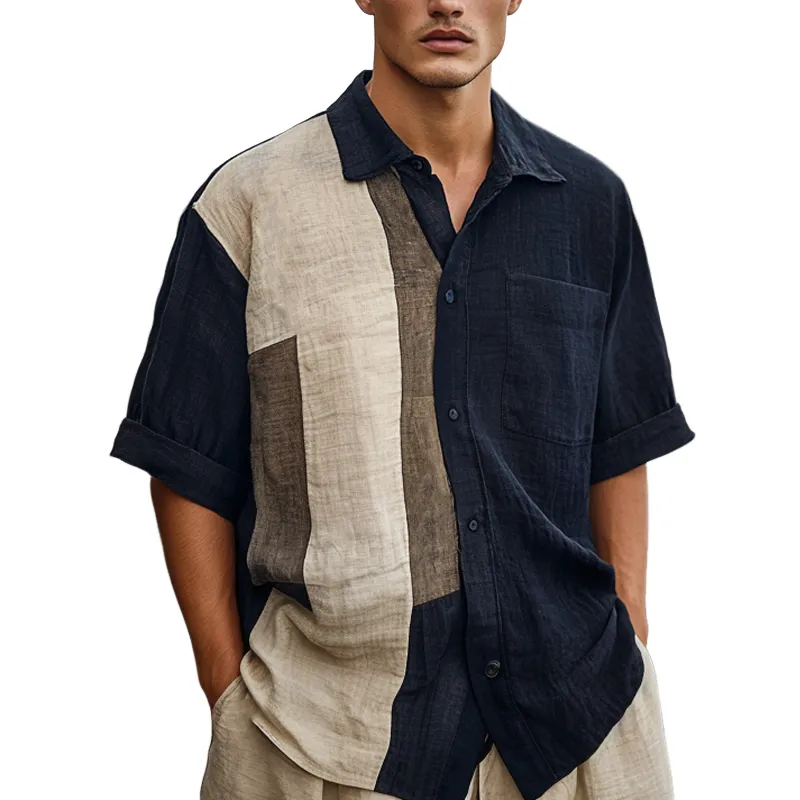 Men's Casual Skin-friendly Color Matching Ice Silk Wrinkled Short-sleeved Shirt 47624843U sold by Manly