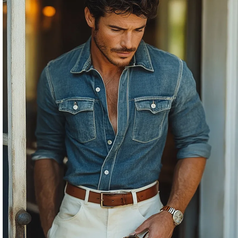 Men's Vintage Dark Blue Washed Denim Long Sleeve Shirt 24193783U sold by Manly product image thumbnail 2