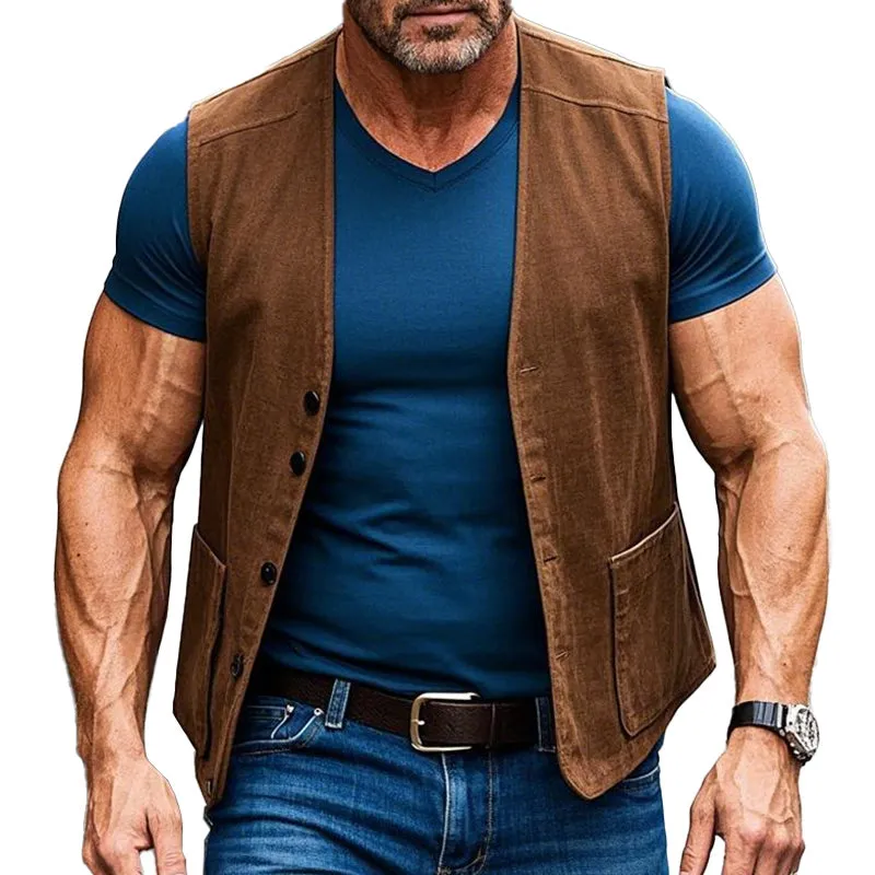 Men's Vintage Brown Suede Collarless Vest 05789151P sold by Manly