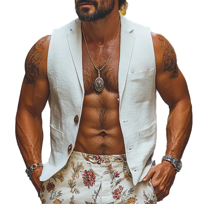 Men's White Fashion Suit Collar Linen Vest 47542363P sold by Manly