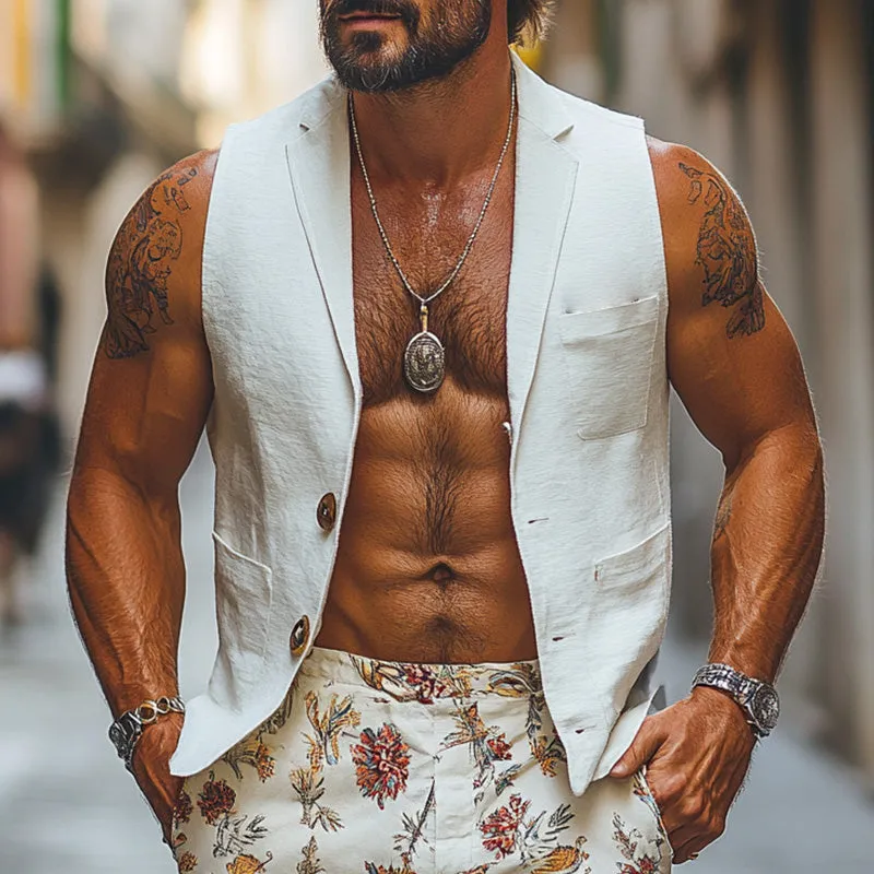 Men's White Fashion Suit Collar Linen Vest 47542363P sold by Manly product image thumbnail 2