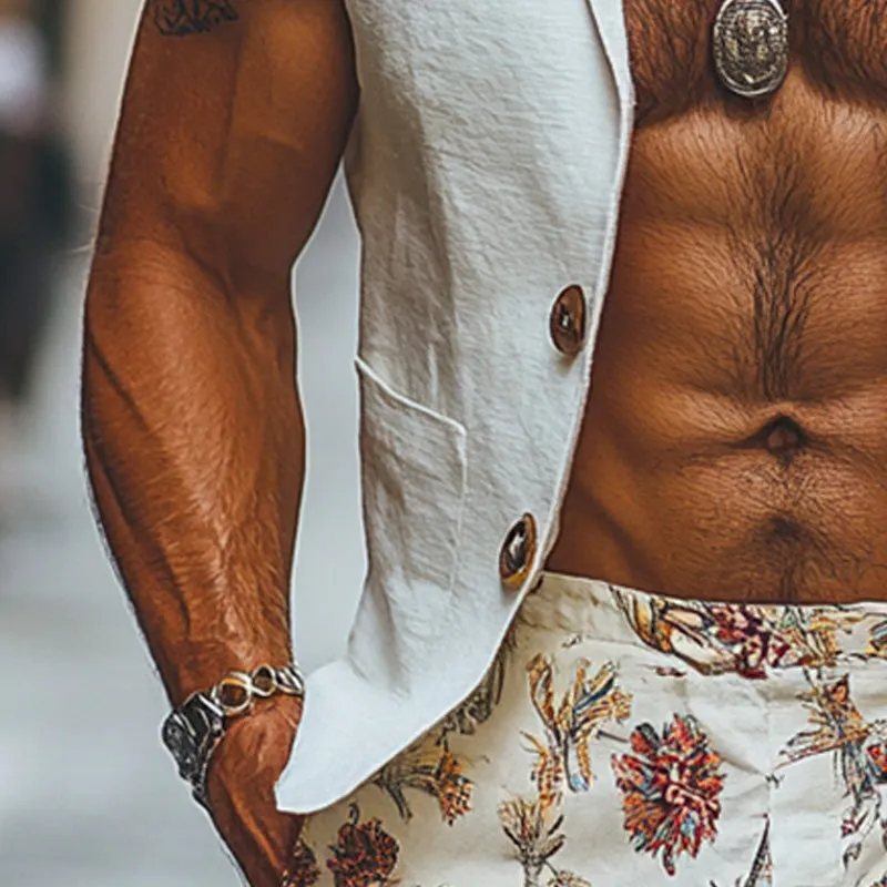 Men's White Fashion Suit Collar Linen Vest 47542363P sold by Manly product image thumbnail 3