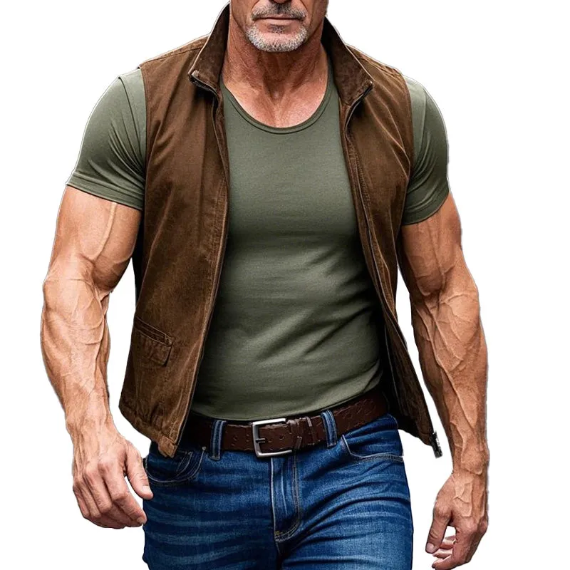 Men's Vintage Brown Suede Stand Collar Vest 88217572P sold by Manly