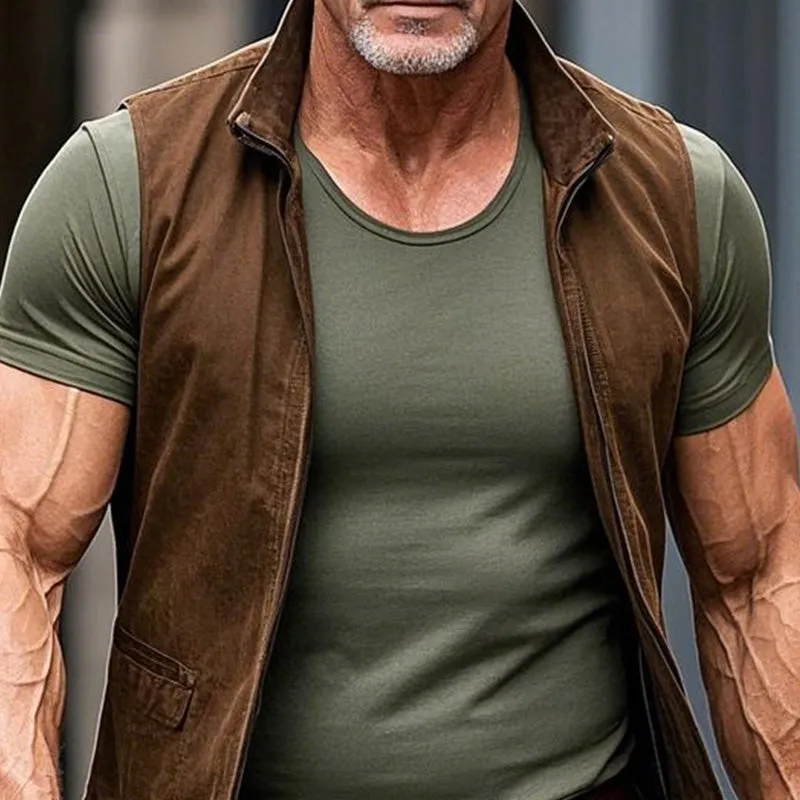 Men's Vintage Brown Suede Stand Collar Vest 88217572P sold by Manly product image thumbnail 3