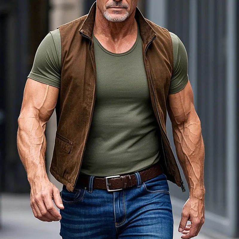 Men's Vintage Brown Suede Stand Collar Vest 88217572P sold by Manly product image thumbnail 2