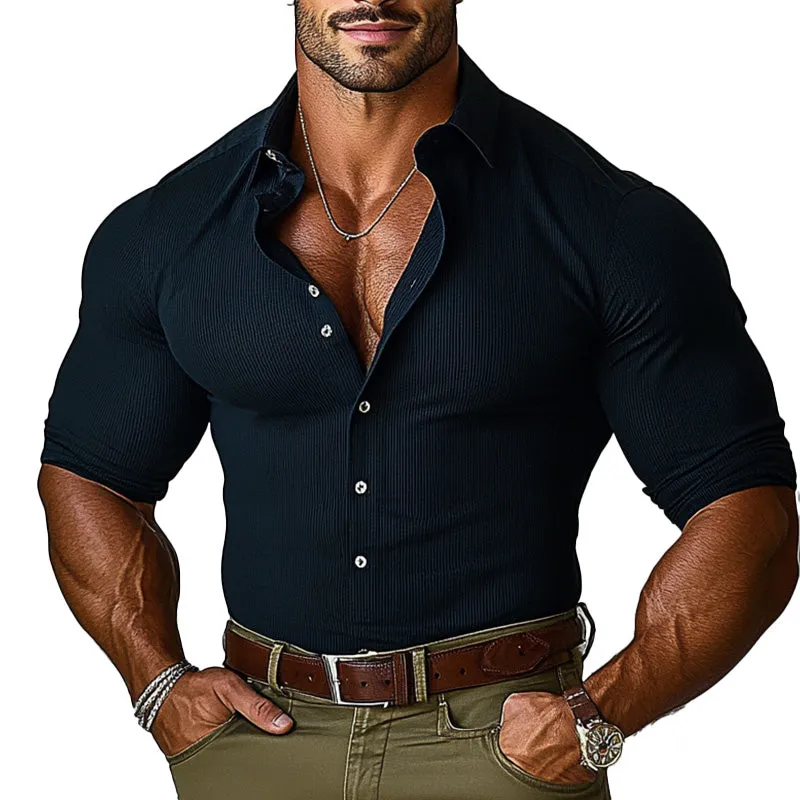 Men's Black Ribbed Fashion Slim Fit Long Sleeve Shirt 79118279P sold by Manly