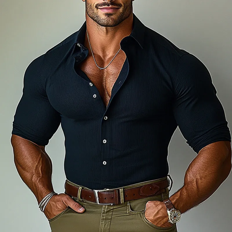 Men's Black Ribbed Fashion Slim Fit Long Sleeve Shirt 79118279P sold by Manly product image thumbnail 2