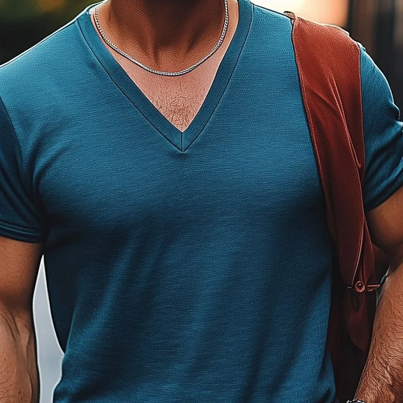 Men's Blue Simple Slim Fit V-neck Short-sleeved T-shirt 39234437P sold by Manly product image thumbnail 3