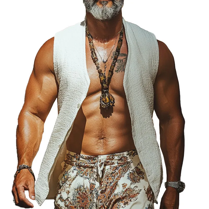 Men's White Textured Collarless Vest 48735951P sold by Manly