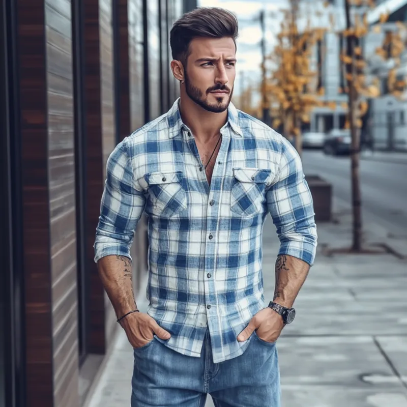 Men's Casual Cotton Plaid Lapel Chest Pocket Slim Fit Long Sleeve Shirt 29715411M sold by Manly product image thumbnail 3