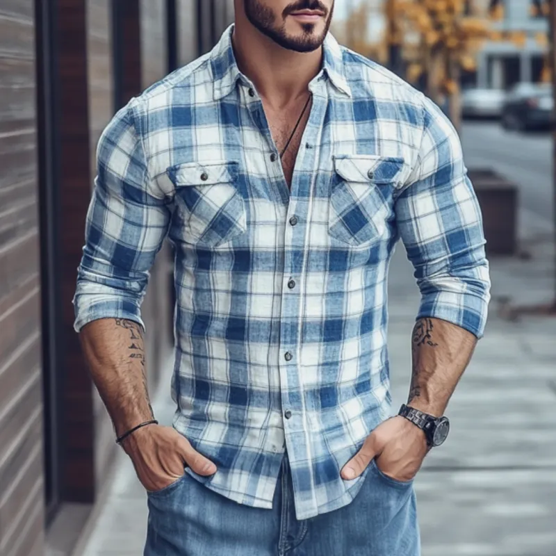 Men's Casual Cotton Plaid Lapel Chest Pocket Slim Fit Long Sleeve Shirt 29715411M sold by Manly product image thumbnail 2